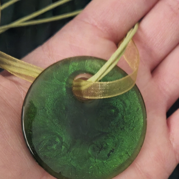 Unique Glass Pendant on String & Ribbon Necklace - Green, Copper Sparkle Swirl - Picture 5 of 6